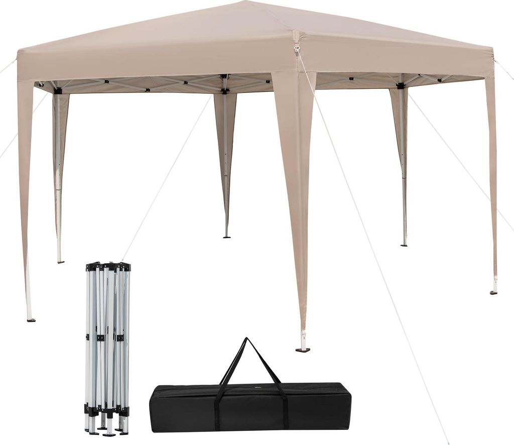 GOPLUS Pavillon 400 x 348 cm, Höhenverstellbarer Pop-up Faltpavillon mit Erdnägeln & Windseilen, Gartenpavillon wasserdicht und UV-beständig, Khaki