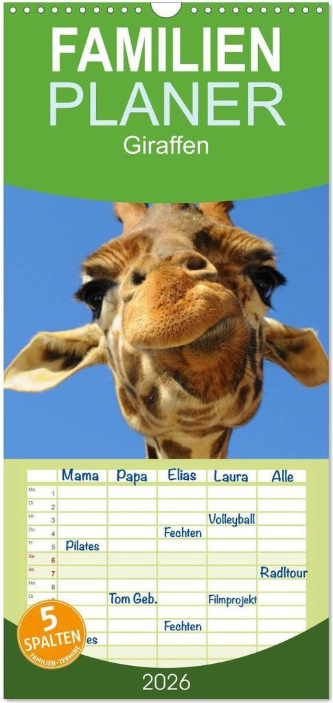 Familienplaner 2026 - Giraffen mit 5 Spalten (Wandkalender, 21 x 45 cm) CALVENDO