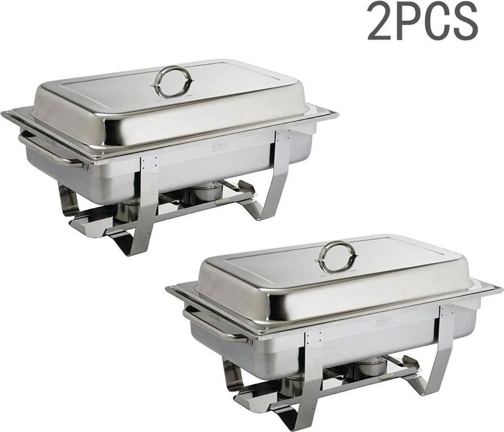 Speisenwärmer - Chafing-Dish Set 2-teilig - Edelstahl - Rechteckig - Mit Deckel, Wasser- und Speisewanne - Brennstoffbehälter - Weiß