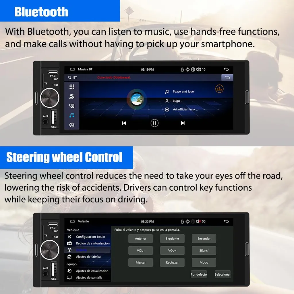 Autoradio 1 DIN Android Auto sans fil écran 6,36" avec USB-C et Bluetooth - 7