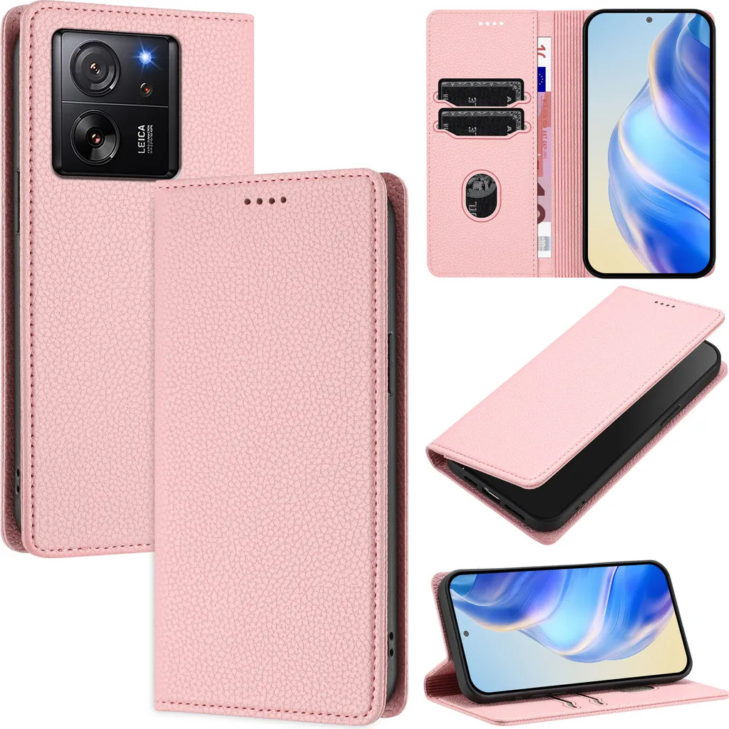 Custodia in pelle per Xiaomi 13T / 13T Pro, pelle Litschi, custodia a portafoglio con slot per carte e supporto Rosa