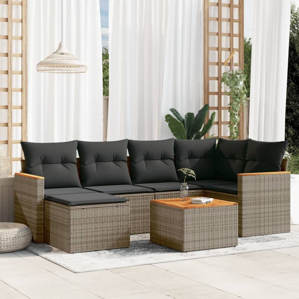 Möbel 7-tlg. Garten-Sofagarnitur mit Kissen Grau Poly Rattan 2024