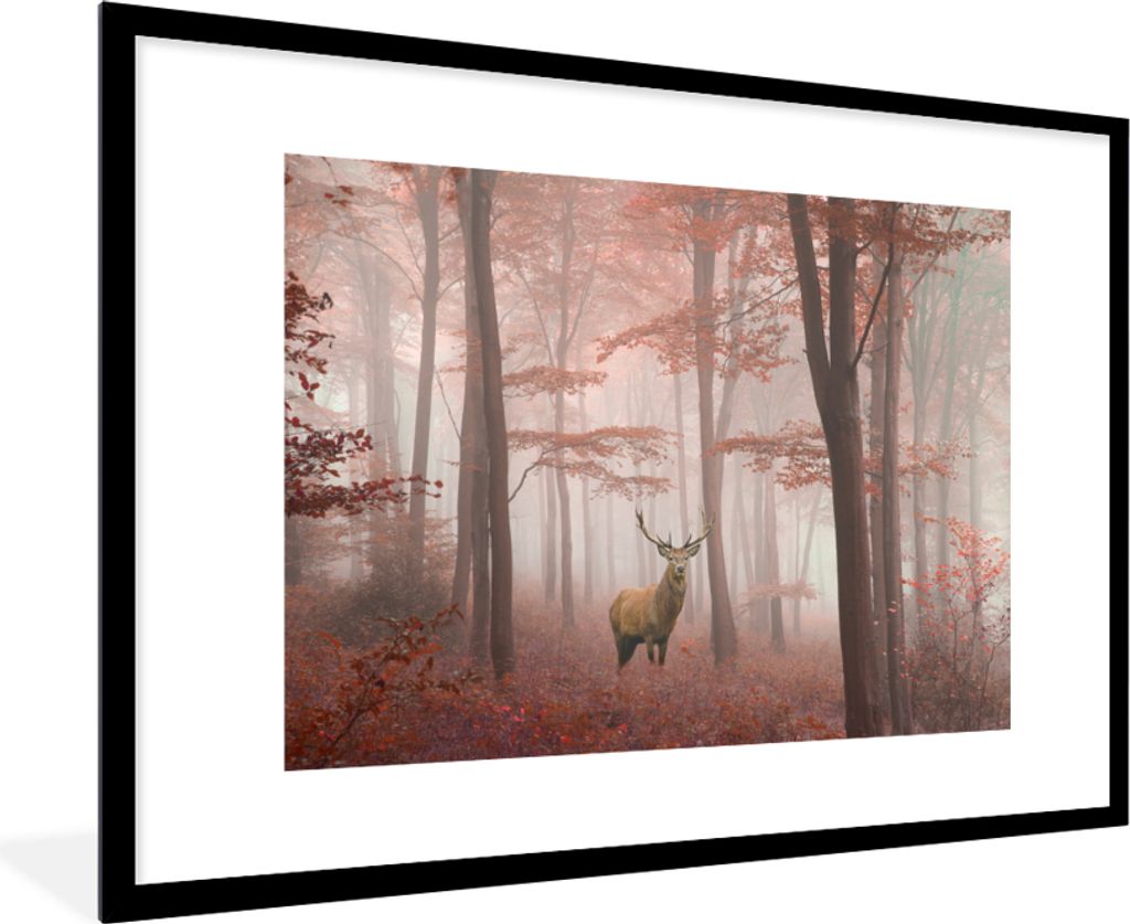 MuchoWow MuchoWow Gerahmtes Poster Hirsche - Wald - Rot - Herbst 90x60 cm - Poster mit zchwarzem Bilderrahmen - Wanddekoration - Fotos