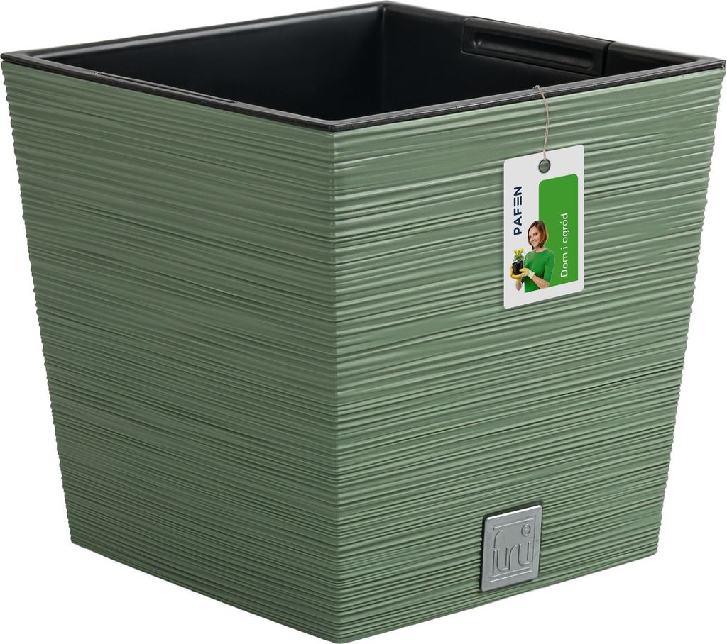 A green square planter pot with a textured surface and a product tag attached.