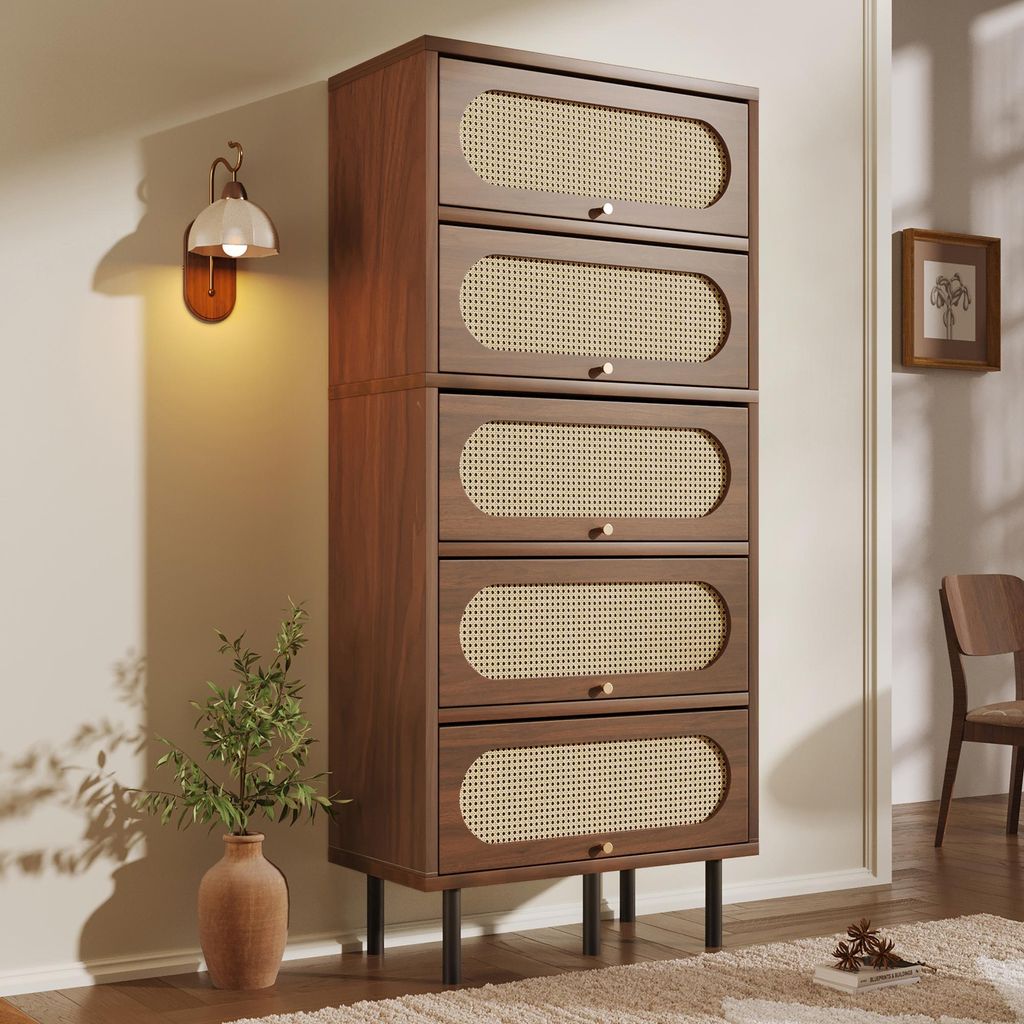 Flieks Rattan Kommode Sideboard mit 5 Klappen, Hochschrank Highboard mit Metallbeinen, Wohnzimmerschrank Anrichte 80x40x163cm, Walnut