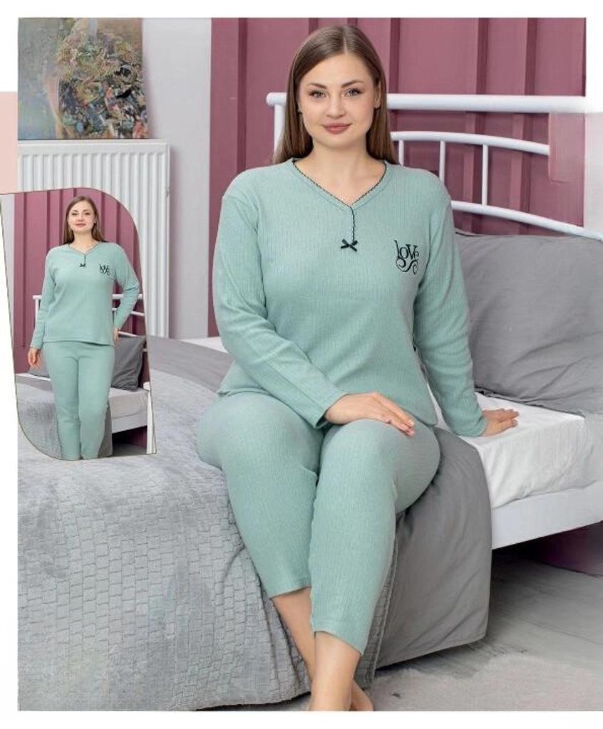 Damen Große Größen Pyjama Schlafanzug Grün XXL Baumwolle Produktbild 