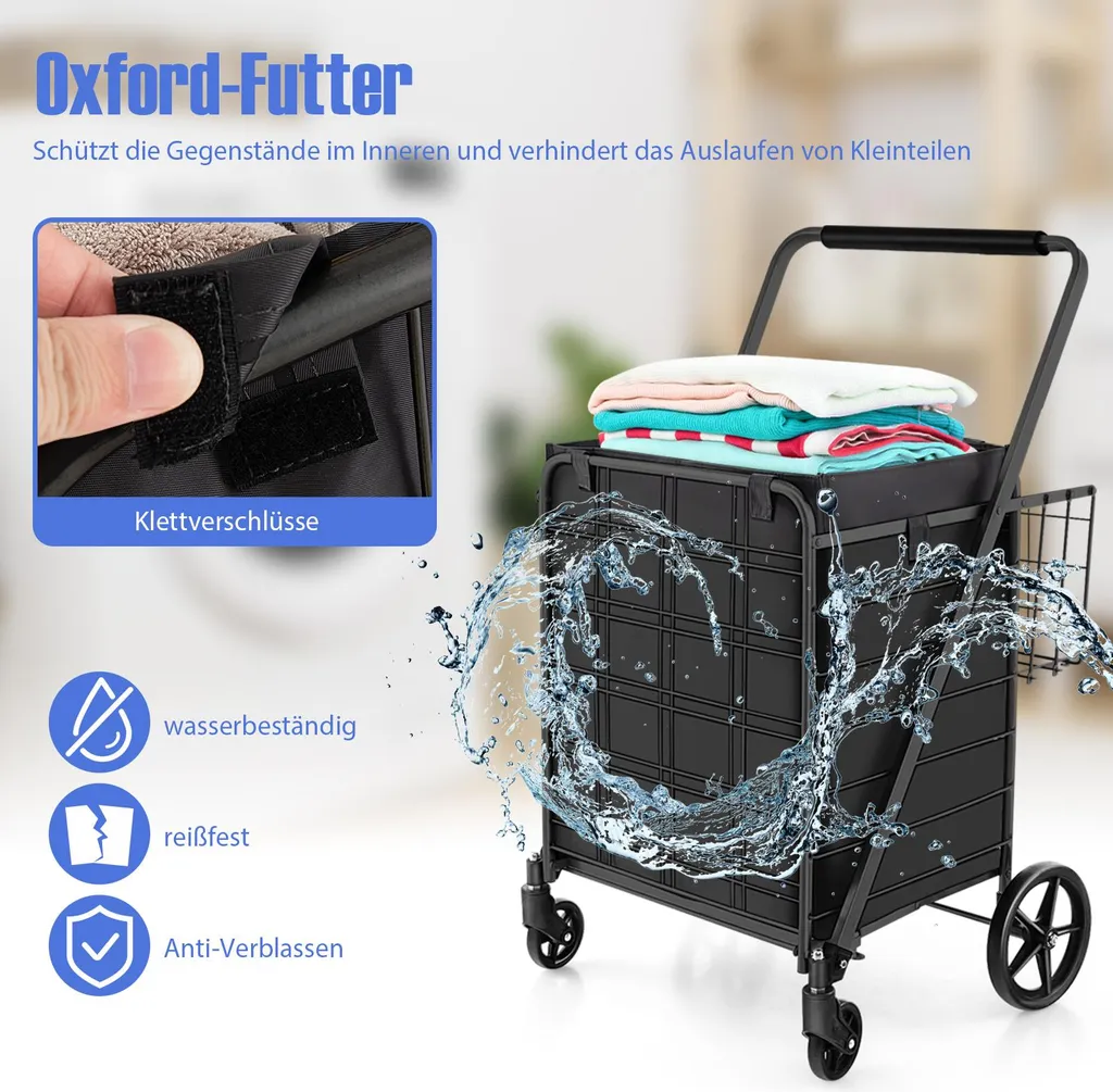Chariot de courses à roulettes multi-usages noir pliable et robuste