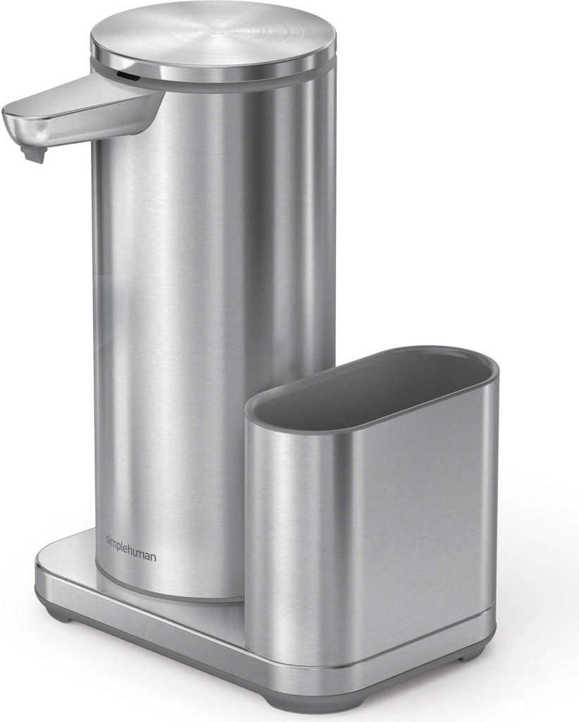 A stainless steel soap dispenser and caddy set on a white background.