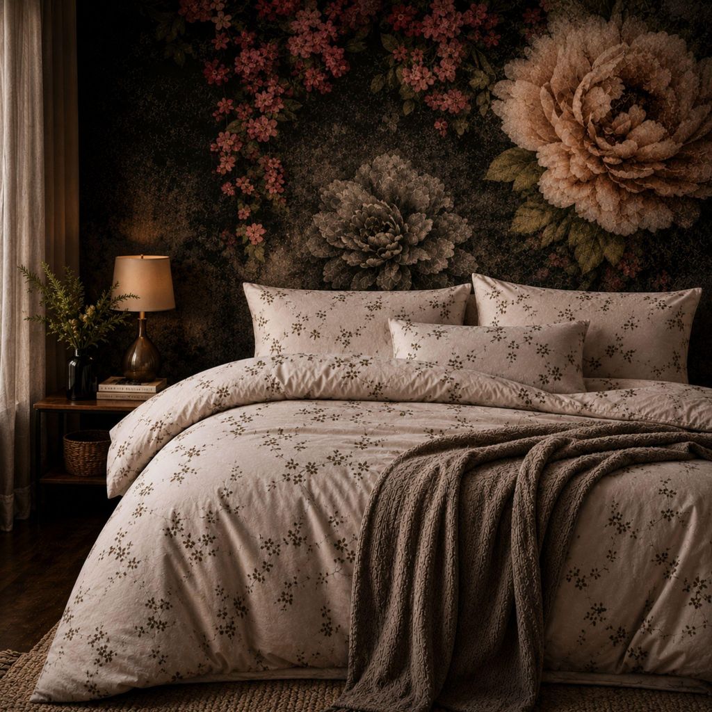 Bettwäsche 135x200 cm 2-teilig – Beige Bettbezug Schwarz Weißem Blumen und Zweigmuster – 1x Bettbezug 135x200 + 1x Kissenbezug 80x80 – Renf...