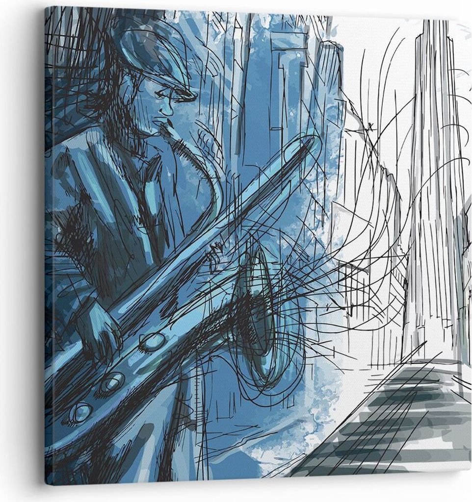 Bild auf Leinwand - Leinwandbild - Einteilig - Saxophon Musiker Zeichnen - 30x30cm - Wand Bild - Wanddeko - Wandbilder - Leinwanddruck - Bilder - W...