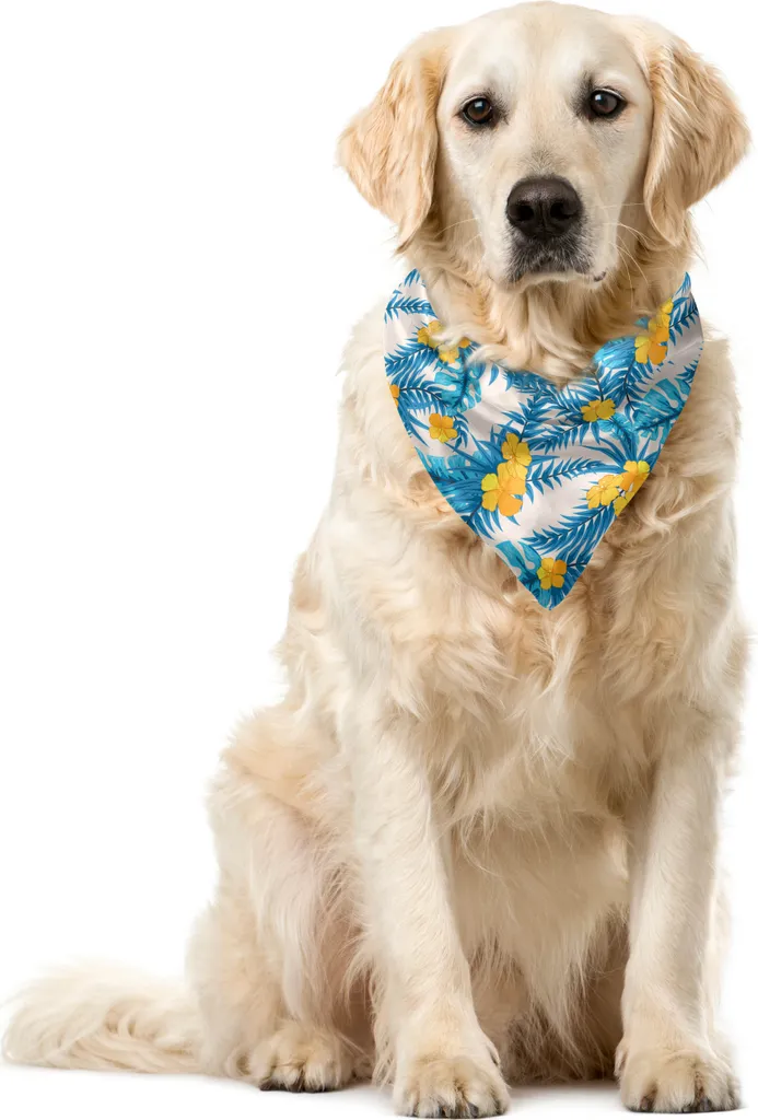 ABAKUHAUS Bandana tropicale per animali domestici, foglie e fiori esotici, 55x55 cm, blu giallo avorio