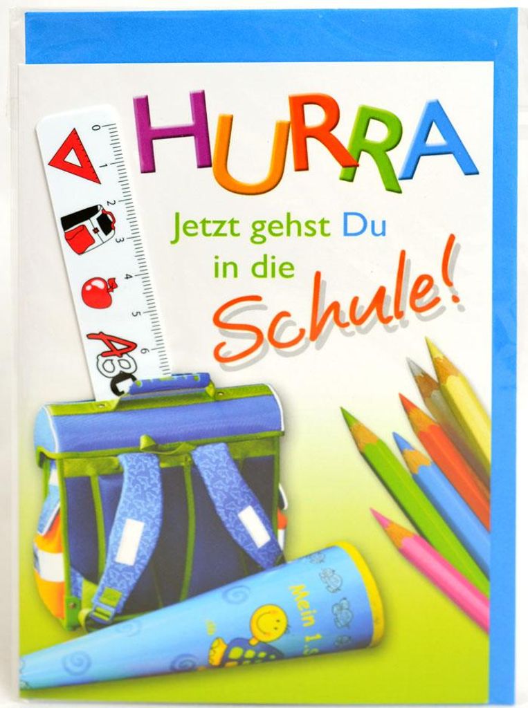 Glückwunschkarte Schulanfang mit Lineal Ranzen Blau