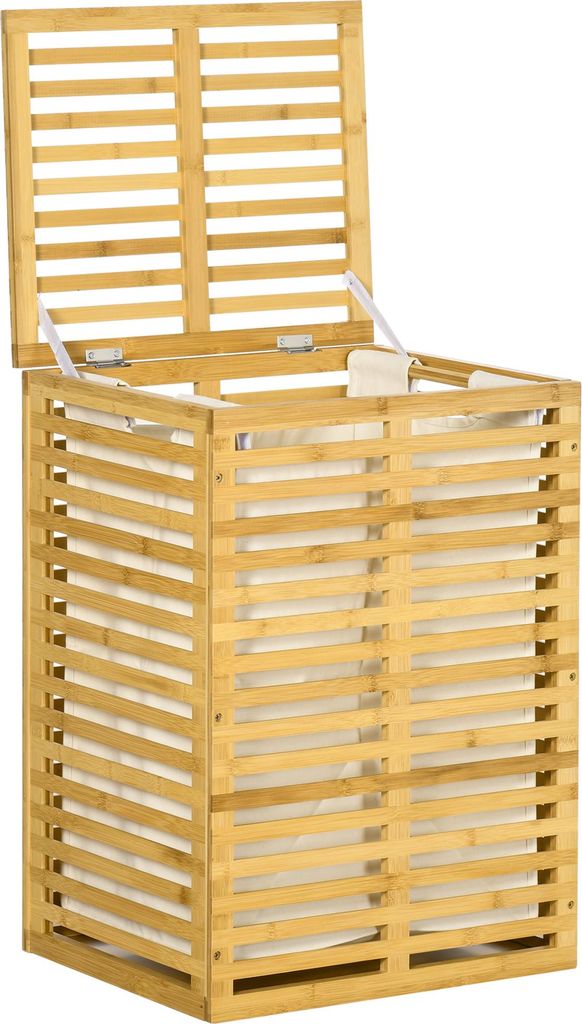Bambus Wäschekorb mit 63 L Wäschesammler mit Deckel Wäschesack, Stange 44 x 37 x 62,5 cm Naturholz