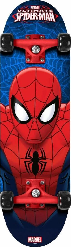A skateboard with a Spider-Man graphic on it.