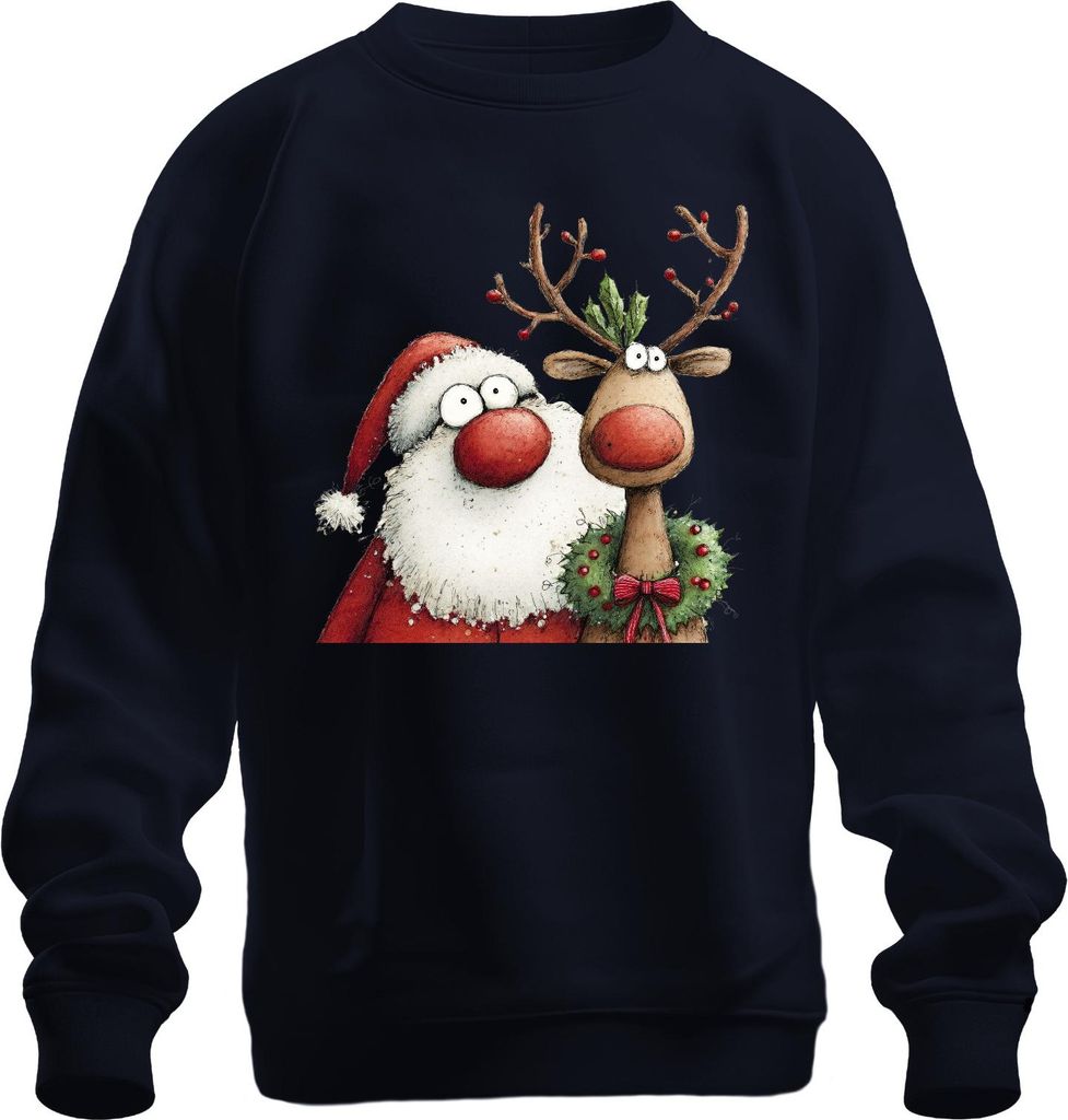 Weihnachtsmann Rentier rote Nase Kranz lustig Weihnachten Vintage Uni Sweatshirt Pullover, Navy, XL