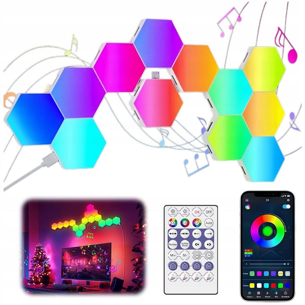 LED Hexa Lichtpanels RGBIC Musik Sync Hexagon Wandleuchte App-Steuerung für Partybeleuchtung Gaming DIY Deko, 12er Set RGB Smart Lights