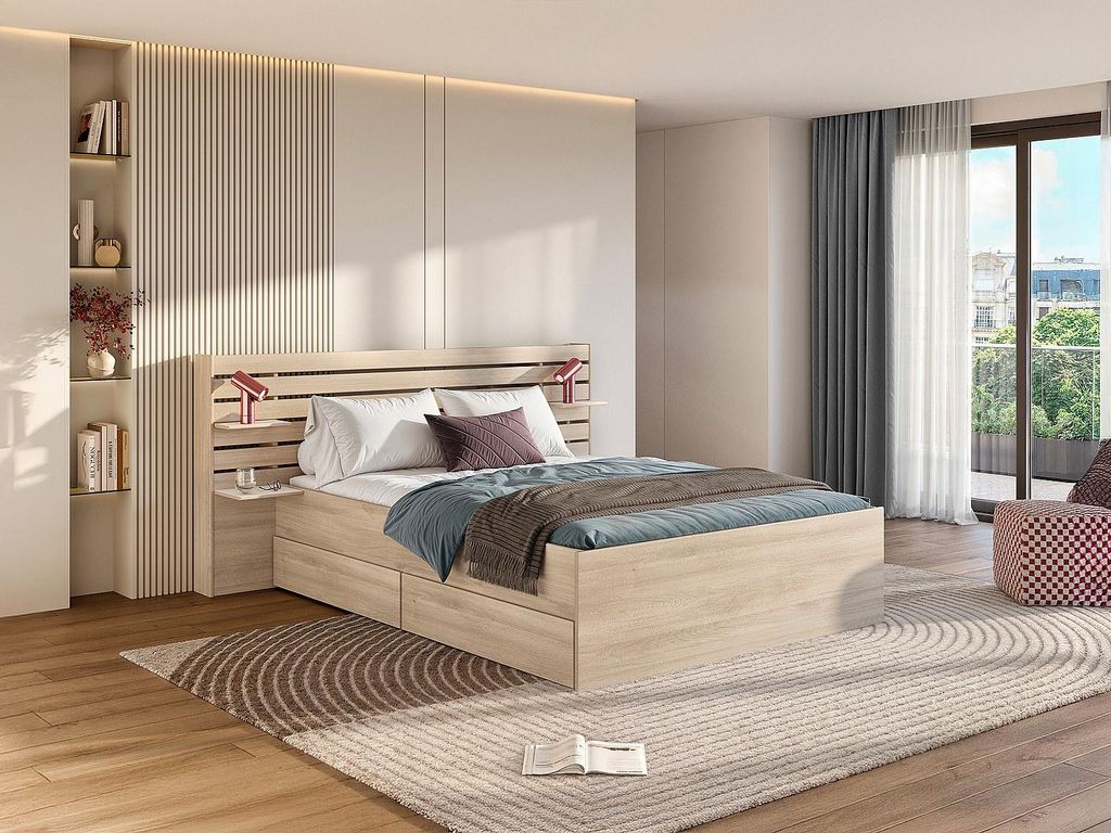 Bett mit Stauraum - 140 x 190/200 cm - Holzfarben - TENALIA II