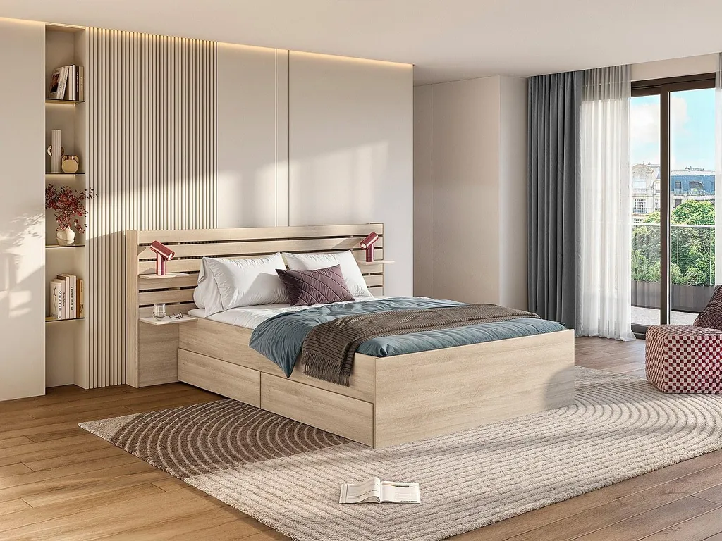 Lit avec rangement TENALIA II - 140 x 190/200 cm - Coloris Chêne Naturel
