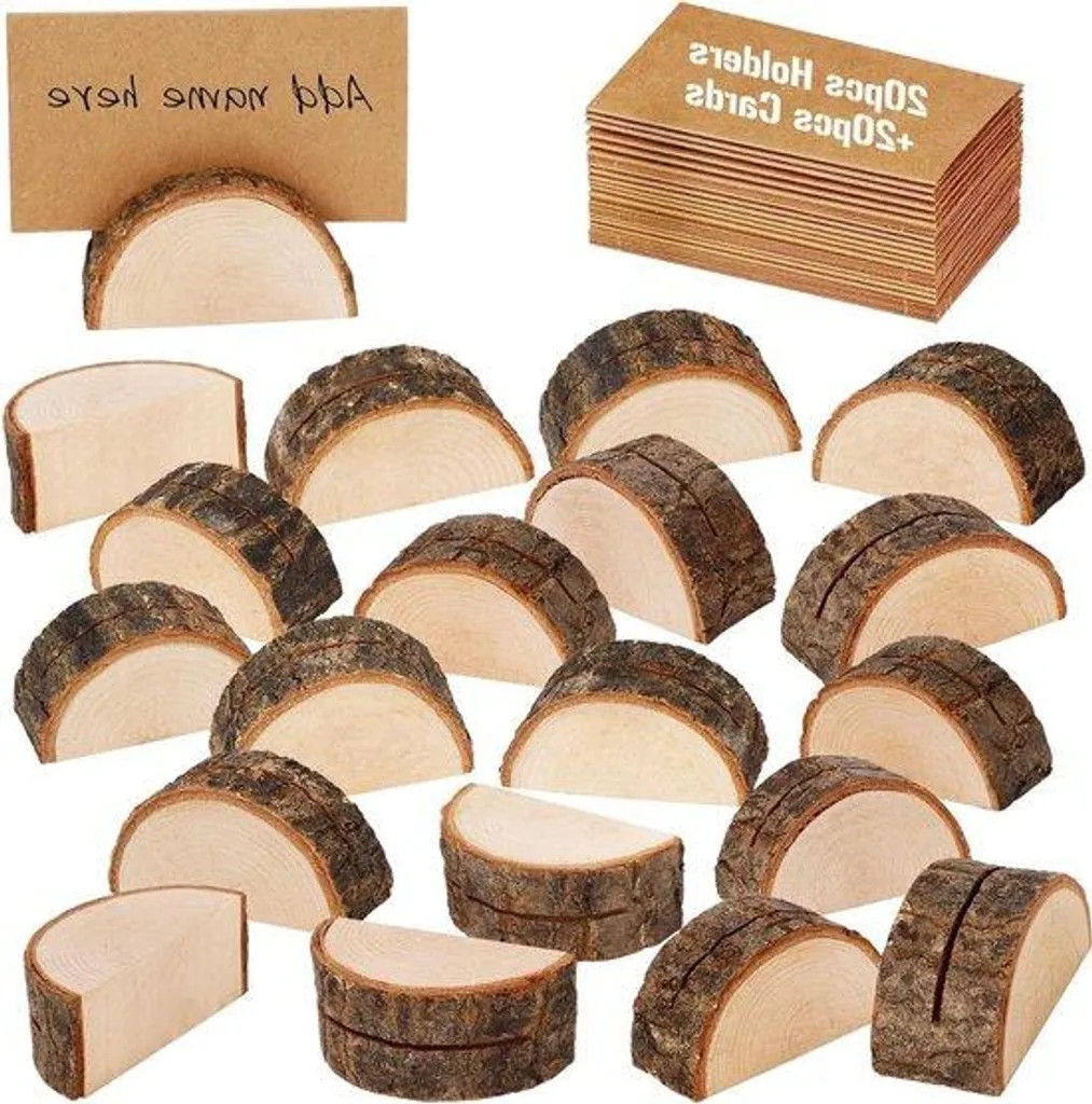Porte-Nom Mariage Rustique en Bois Demi-Lune et Set de Cartes de Table