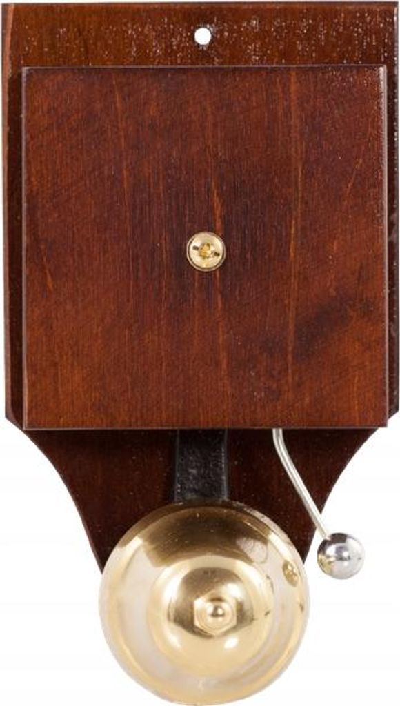 A retro-style doorbell made of wood and brass, mounted on a white background.