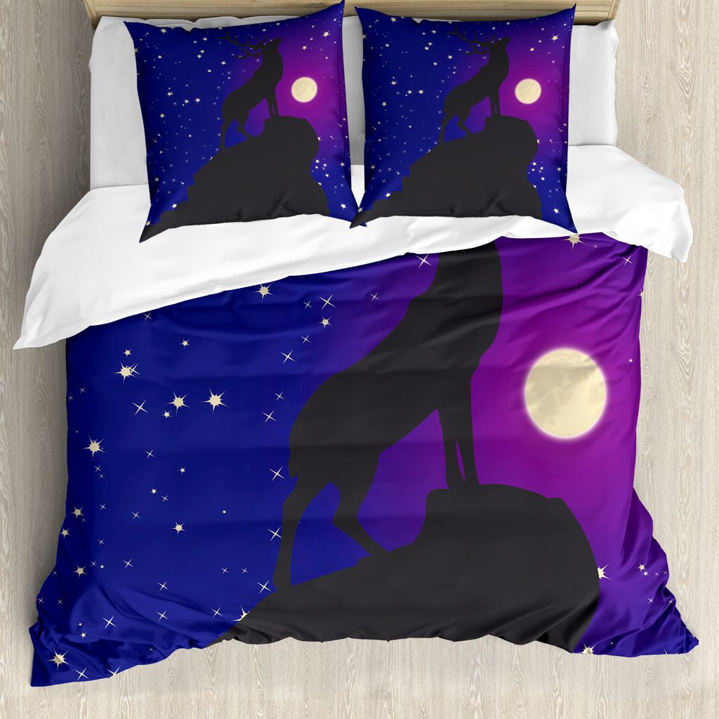 ABAKUHAUS Wild jagen Bettbezug Set für Einzelbetten, Elk Silhouette Nacht, Milbensicher Allergiker geeignet mit Kissenbezug, 200 cm x 200 cm - 80 ...