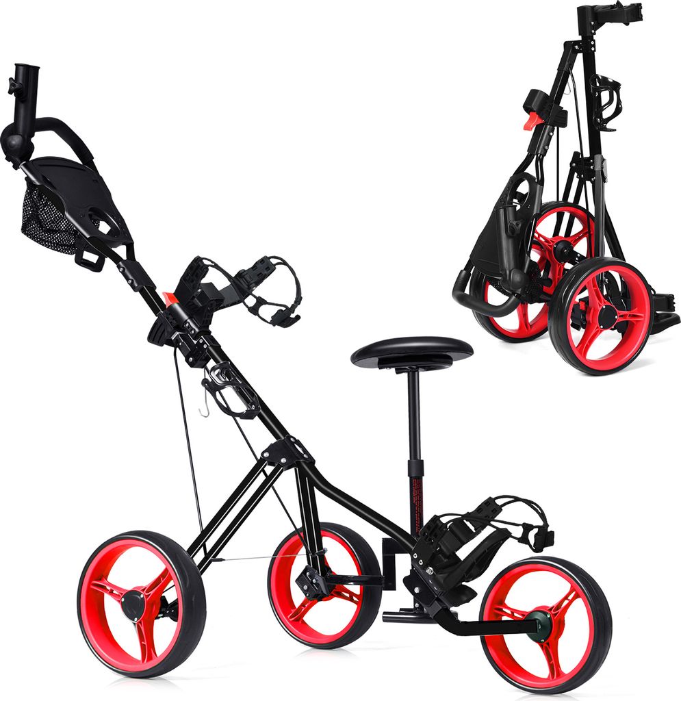 COSTWAY 3-Rad Golftrolley klappbar, Golfwagen mit verstellbarem Sitz und Griff, Schiebewagen, Metall Golf Push Cart, Golfcaddy mit Schirm- und Tassenhalter, rot+schwarz
