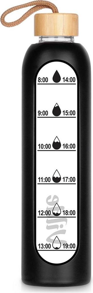 A black glass water bottle with a wooden lid and a time-marked label.