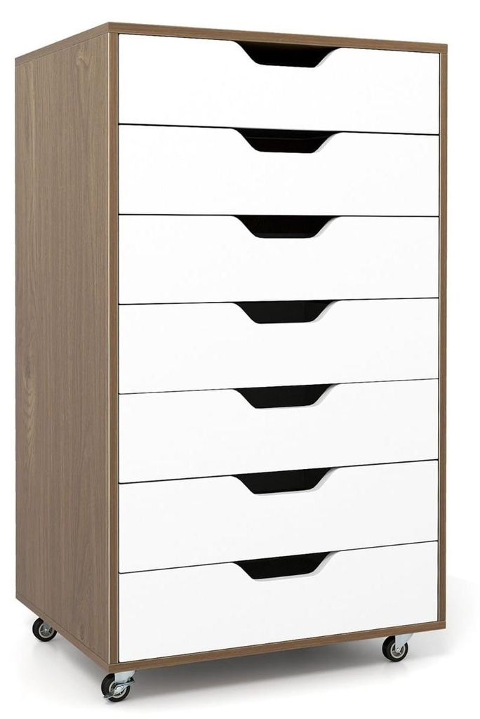 Mobiler Aktenschrank mit 7 Schubladen und Rollen, Naturholz