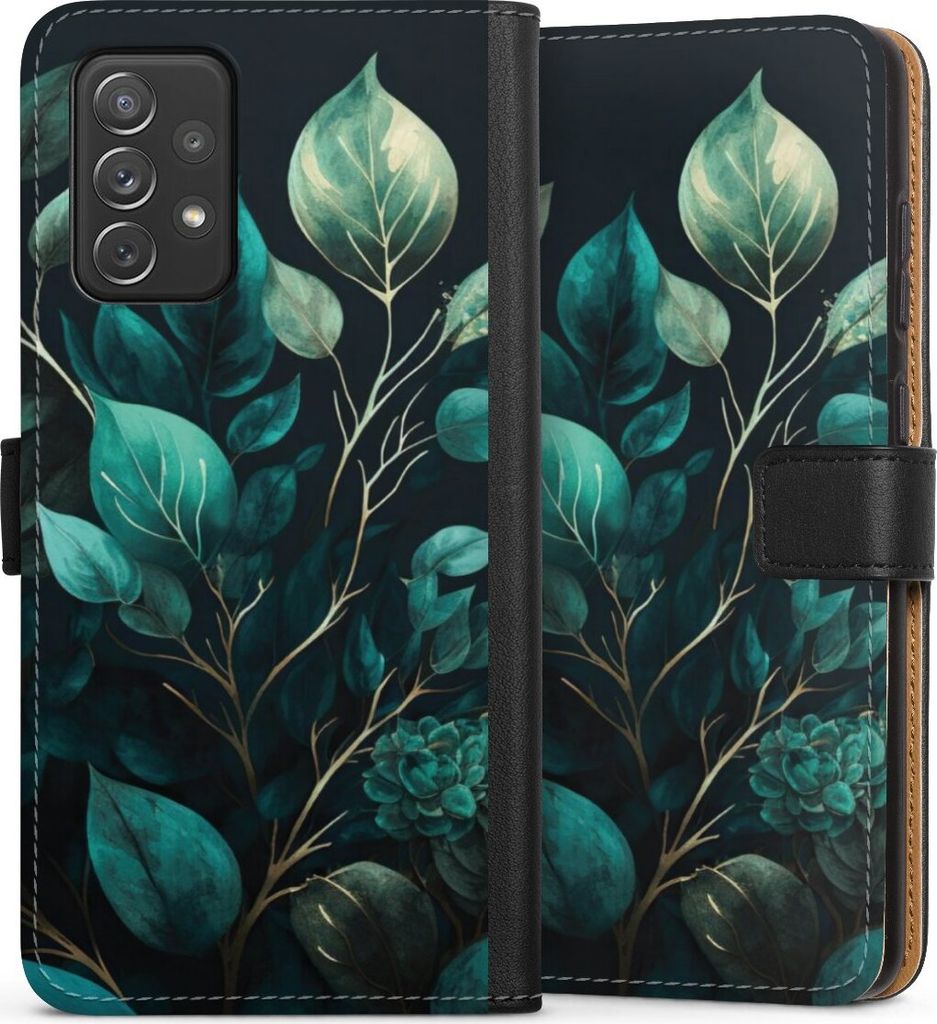 DeinDesign Klapphülle für Samsung Galaxy A72 Handytasche Lederhülle Tasche Blätter schwarz Eukalyptus