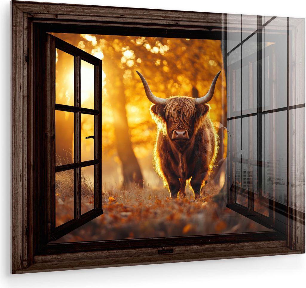 MuchoWow Glasbilder - Bilder auf Wandbild - Foto auf Glas Schottische Hochlandrind - Wald - Herbst - Tiere - Natur - Blätter - Durchblicken 80x60 ...