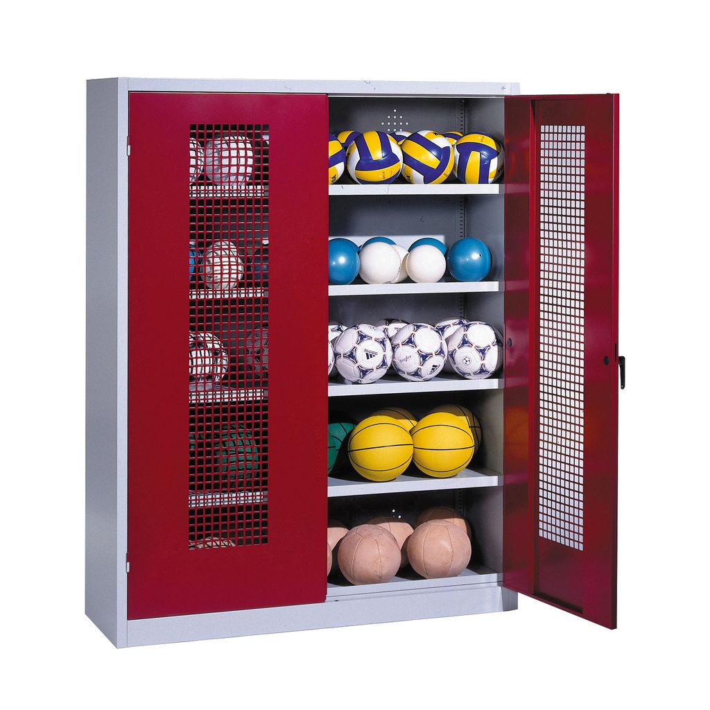 C+P Ballschrank mit Lochblech-Flügeltüren (Typ 3), HxBxT 195x150x50 cm, Ergo-Lock Muldengriff, Rubinrot (RAL 3003), Lichtgrau (RAL 7035), Gleichs...