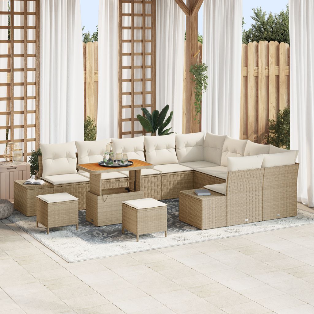 12-teiliges Garten-Sofa-Set mit Kissen Beige Poly-Rattan Akazie, Gartensofas DesignMöbel Neu