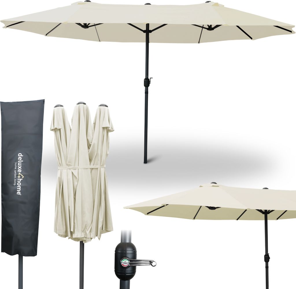deluxe4home XXL Doppelsonnenschirm 4,5 x 2,6m Creme I Sonnenschirm Extra groß I Terrassenschirm mit Handkurbel I Ampelschirm mit Metallstange