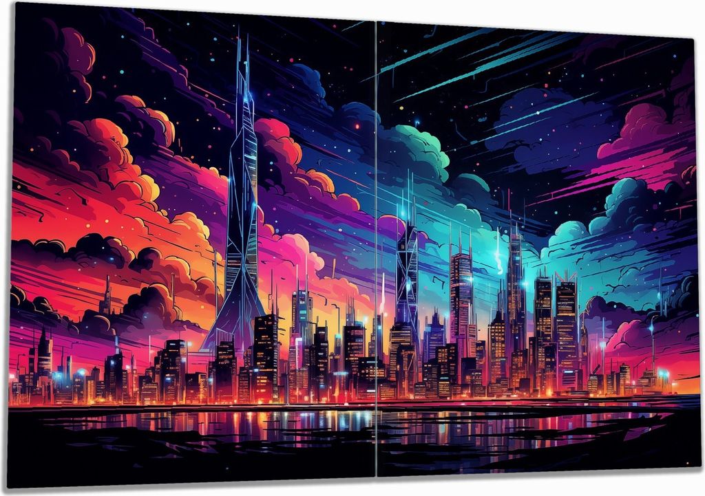 Wallario Herdabdeckplatte aus Glas, Größe 80 x 52 cm 2-teilig, Motiv Skyline im Abendlicht