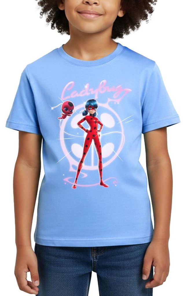 Spreadshirt Miraculous Ladybug Mit Tikki Kinder T-Shirt, 122/128 (7-8 Jahre), Himmelblau