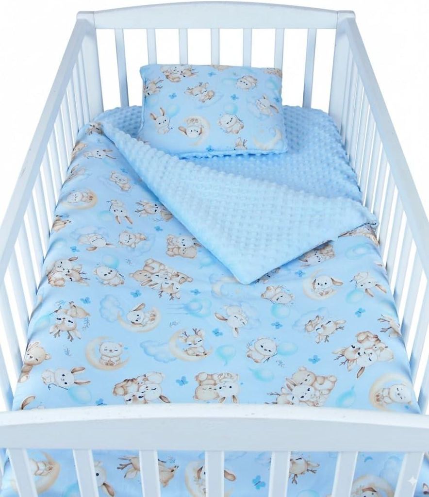 Babylux Babydecke 75x100 cm mit Kissen 30x35 cm – Kuscheldecke aus Minky & Baumwolle – Krabbeldecke für Kinderwagen K163 Blau + Schnuckis