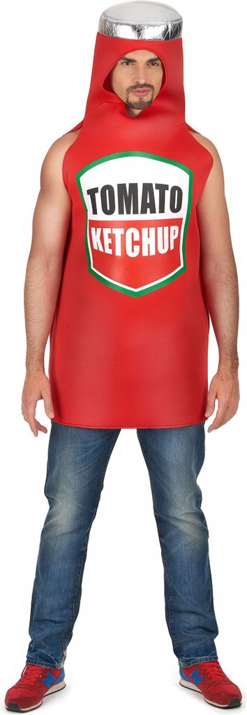 A man is wearing a ketchup bottle costume over jeans and sneakers.