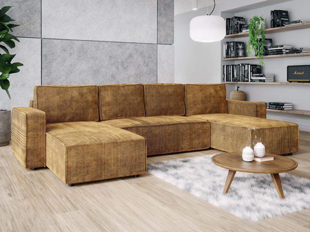 Wohnlandschaft U-Form XXL mit Schlaffunktion und Bettkästen 338x169 Cord Poso Senfgelb BRIK XL inkl Lieferung in die Wohnung