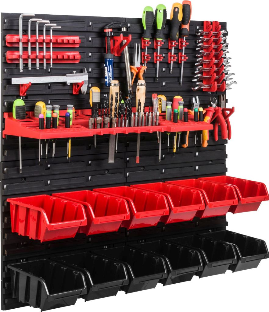Lagersystem Werkstattregal | 78 x78 cm | 12 stck. Box | Wandregal mit Werkzeughalterungen und Stapelboxen - Wandplatten Extra Starke Schüttenregal...