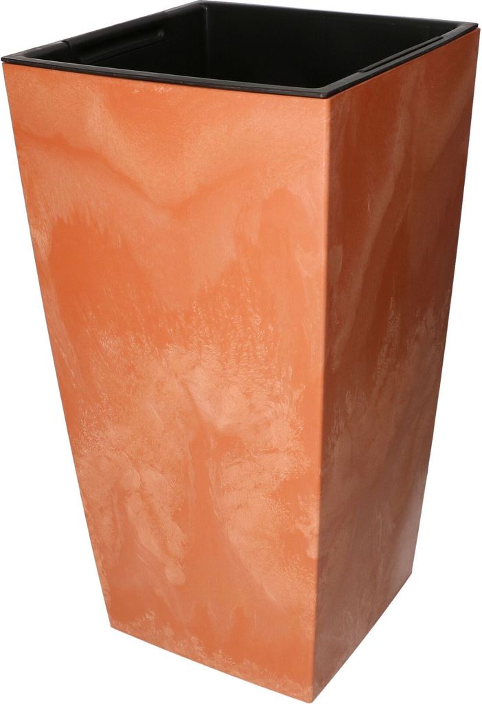 A tall, square planter with a tapered base, made to resemble concrete or terracotta, with a black inner liner.
