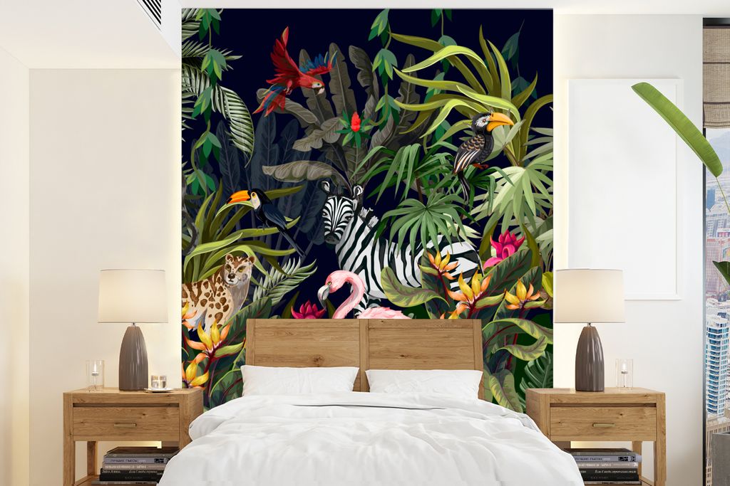 MuchoWow Fototapete für Wohnzimmer oder Schlafzimmer Wandtapete Vinyl Motivtapete Dschungeltiere - Natur - Jungen - Mädchen - Flamingo - Zebra ...