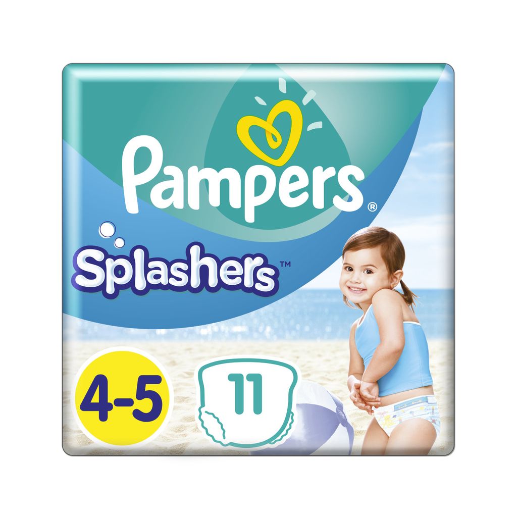 A package of Pampers Splashers swim diapers with a beach scene in the background and a child wearing a swim diaper.