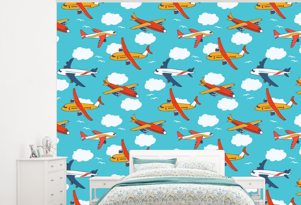 MuchoWow Fototapete für Wohnzimmer oder Schlafzimmer Wandtapete Vinyl Motivtapete Muster - Flugzeug - Wolke - Luft - Junge - Kind - Kinder - Kin...