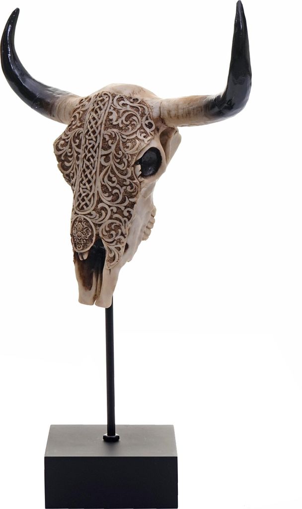 Deko Standfigur Kuhschädel HWC-D30, Stierkopf Bulle Tierkopf Kuhkopf Trophäe mit Trival, Polyresin 47x30x12cm