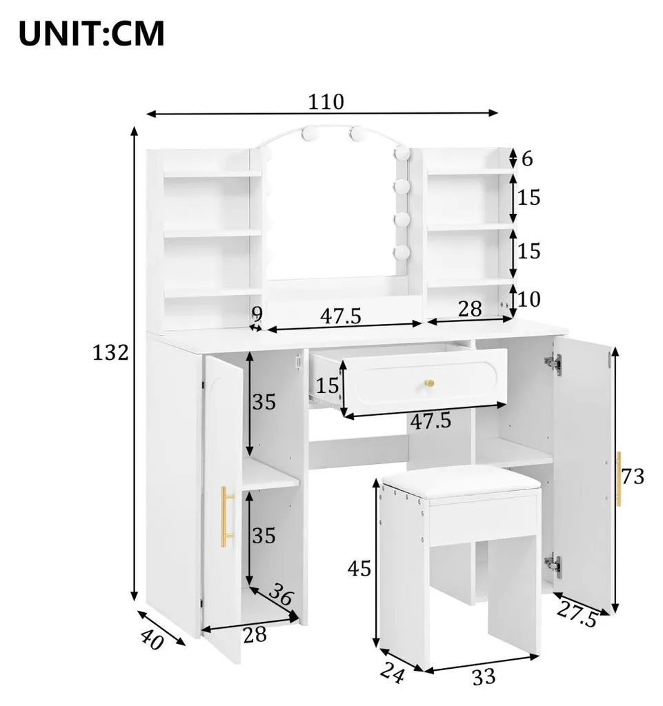 Coiffeuse blanche 110x40 cm avec miroir LED réglable et tabouret moderne