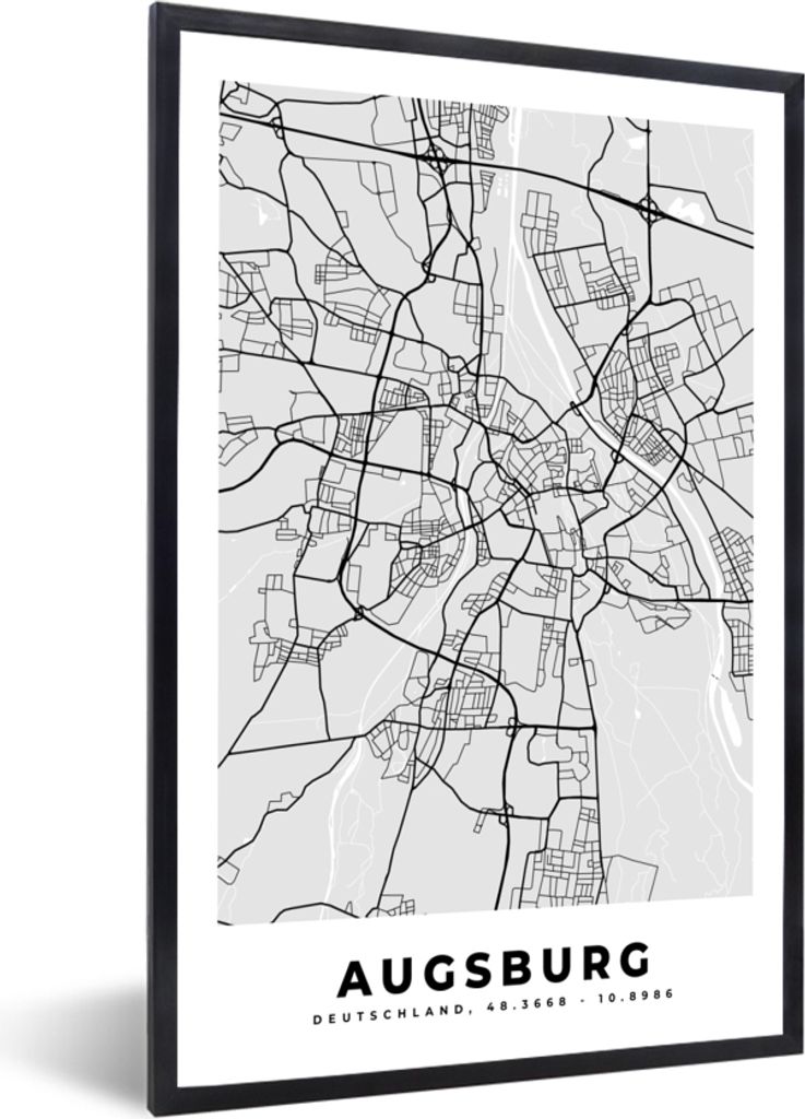 MuchoWow Gerahmtes Poster Stadtplan - Deutschland - Karte - Augsburg 60x90 cm - Poster mit Schwarzem Bilderrahmen Wandposter Rahmen Foto Bilder -...