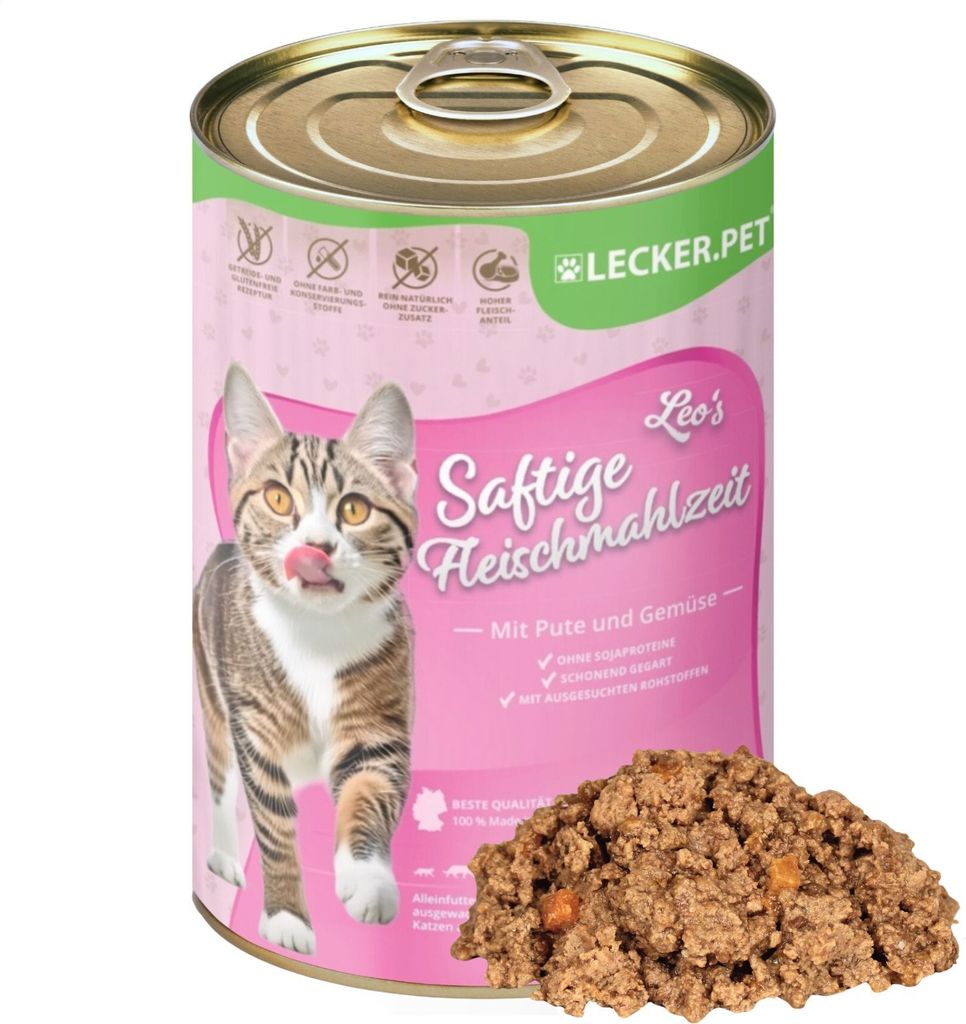 12 x 400 g Lecker.Pet Leo's Saftige Fleischmahlzeit mit Pute & Gemüse Katzenfutter Nassfutter