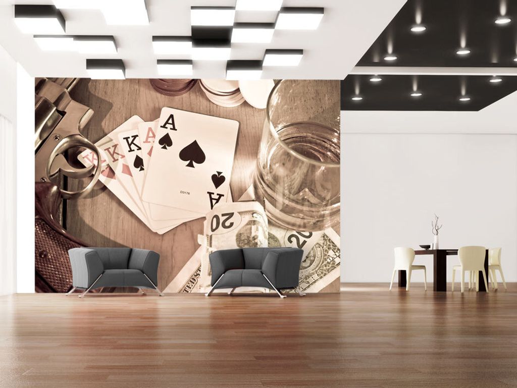 Vlies Fototapete 400x280 cm Tapeten Wandtapete XXL Spielkarten Revolver Geld Poker Whiskey i-B-0002-a-b