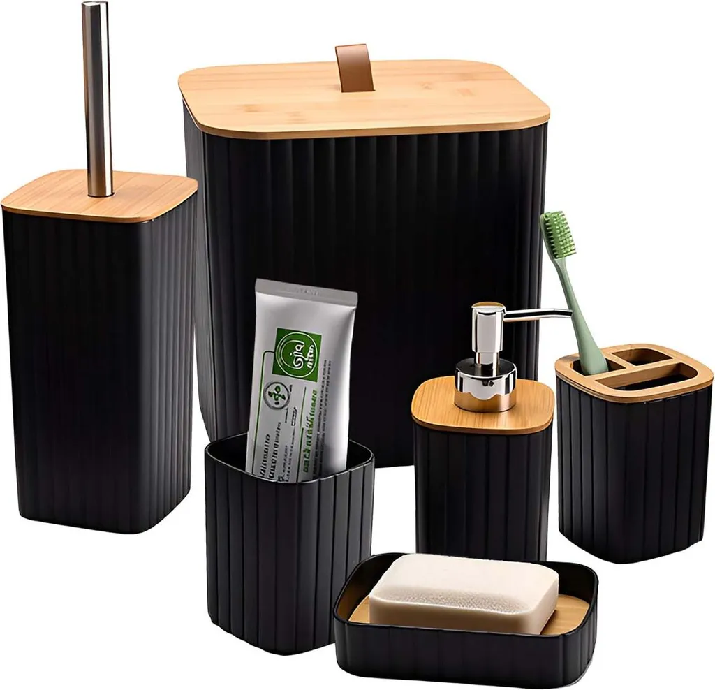 Kit Bagno Completo Avizar 6 Accessori - Nero con Dispenser e Cestino