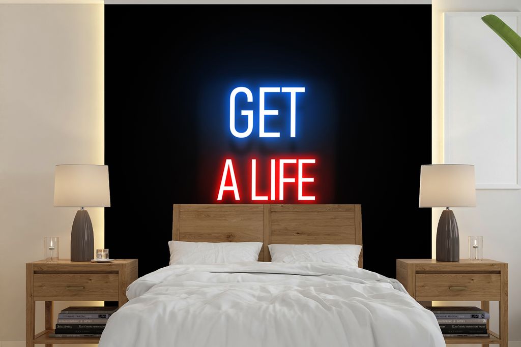 MuchoWow Fototapete für Wohnzimmer oder Schlafzimmer Wandtapete Vinyl Motivtapete Spiele - Text - Get a life - Neon - Schwarz - 300x300 cm - Wan...